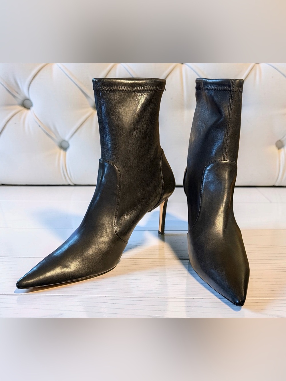 Stuart Weitzman NWT Sz 9.5 Black Leather Pointed Toe Stiletto Ankle Boots SH453